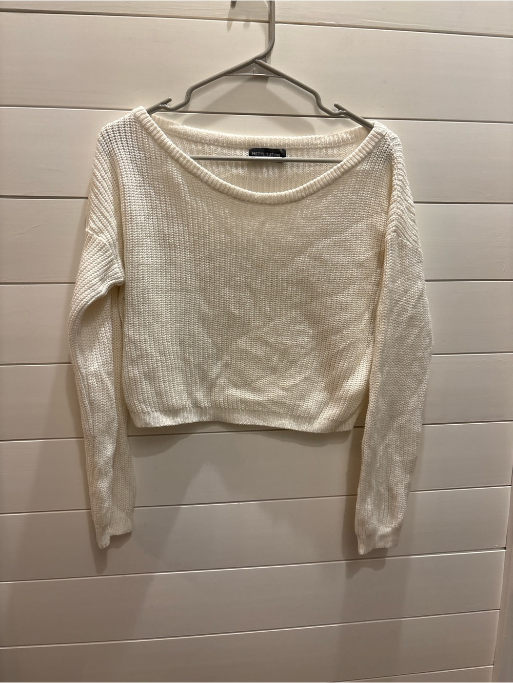 PrettyLittleThing Cream Ribbed Scoop Neck Sweater